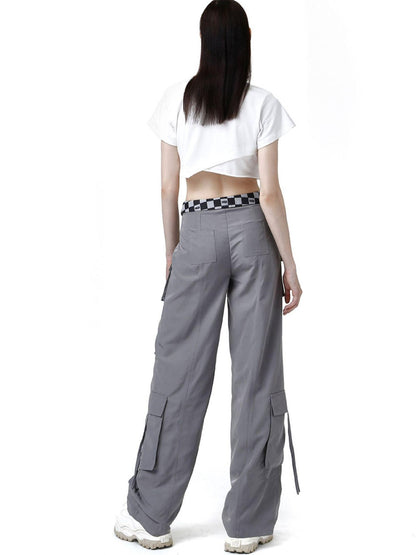 ANYQUESTION Black Grey Plaid Foldover Waistband Loose Workwear Women&