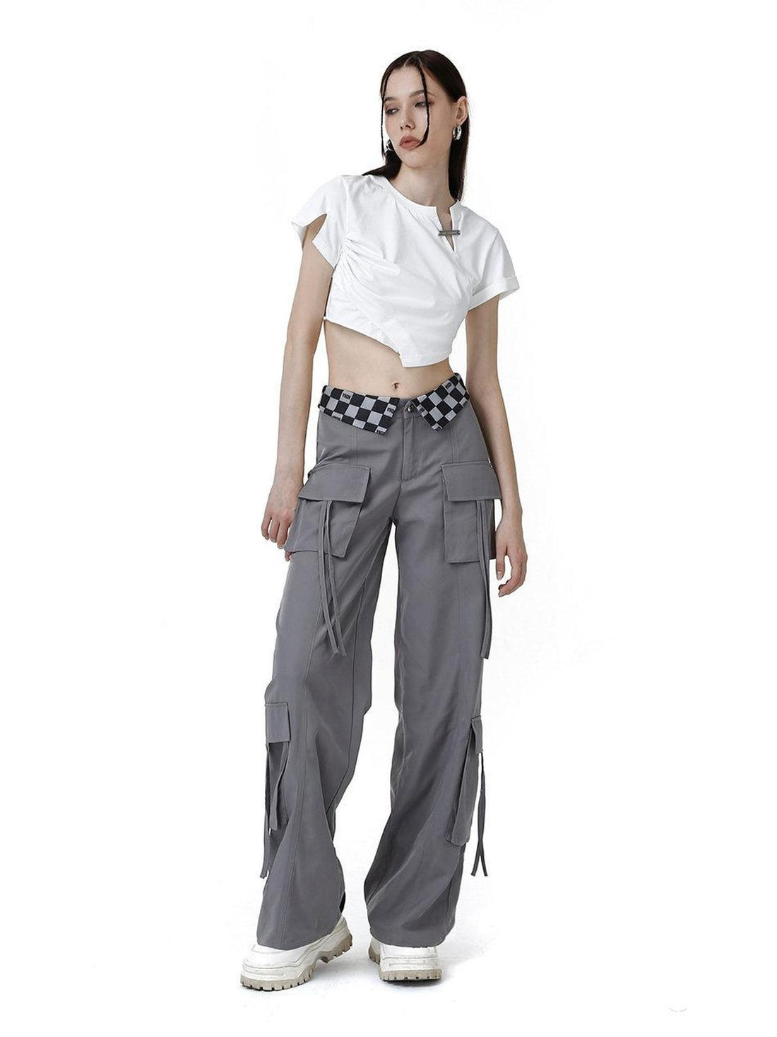 ANYQUESTION Black Grey Plaid Foldover Waistband Loose Workwear Women&