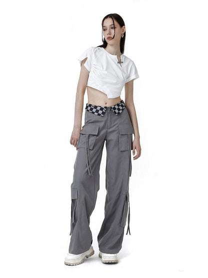 ANYQUESTION Black Grey Plaid Foldover Waistband Loose Workwear Women&