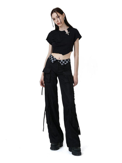 ANYQUESTION Black Grey Plaid Foldover Waistband Loose Workwear Women&