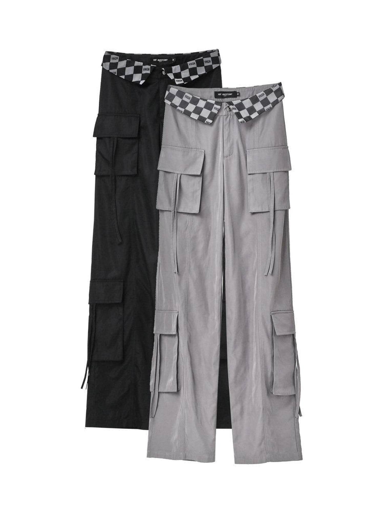 ANYQUESTION Black Grey Plaid Foldover Waistband Loose Workwear Women&