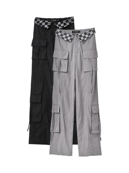 ANYQUESTION Black Grey Plaid Foldover Waistband Loose Workwear Women&
