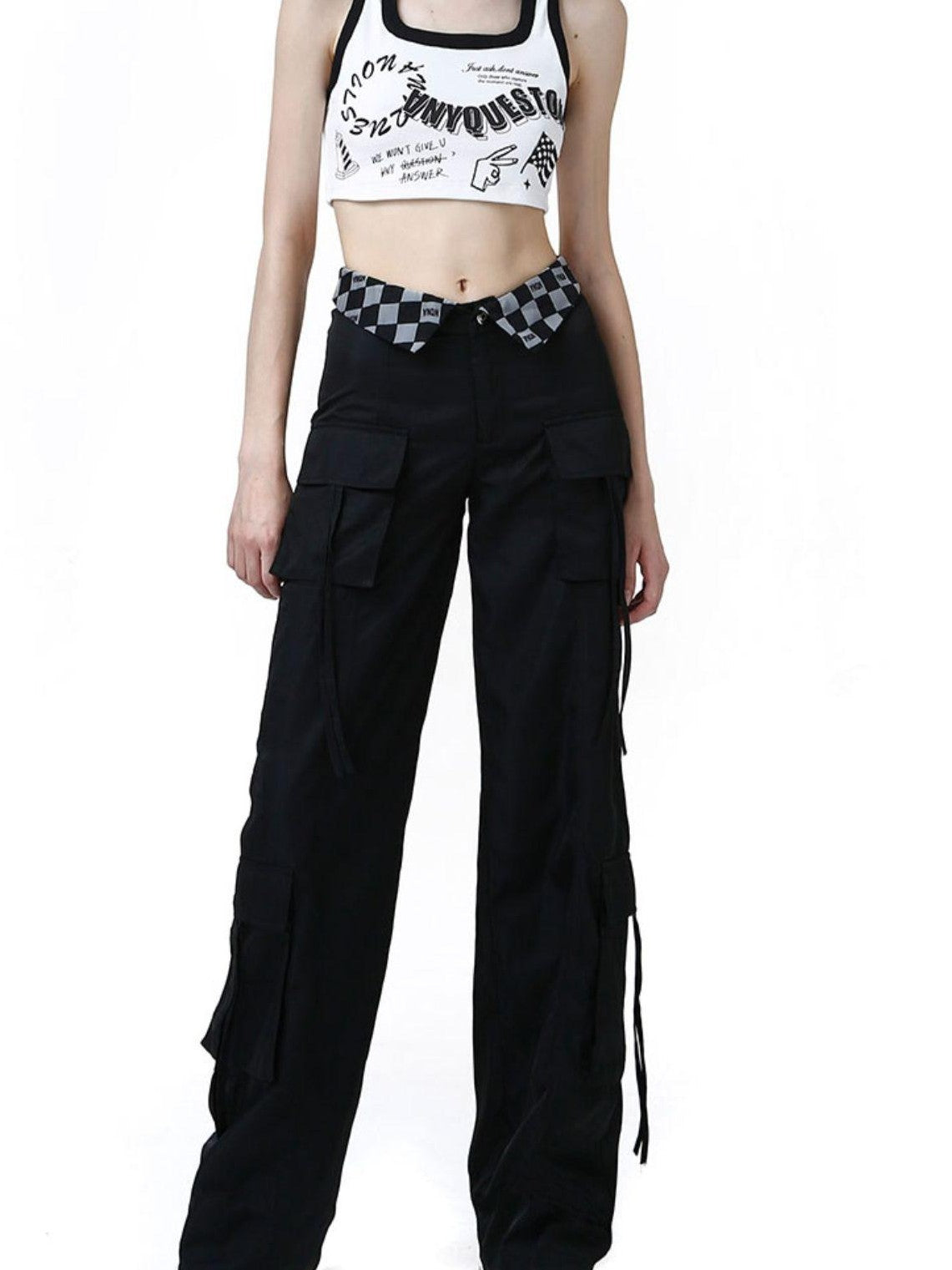 ANYQUESTION Black Grey Plaid Foldover Waistband Loose Workwear Women&