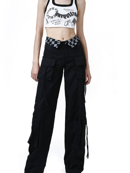 ANYQUESTION Black Grey Plaid Foldover Waistband Loose Workwear Women&