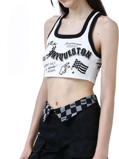 ANYQUESTION Black Grey Plaid Foldover Waistband Loose Workwear Women&