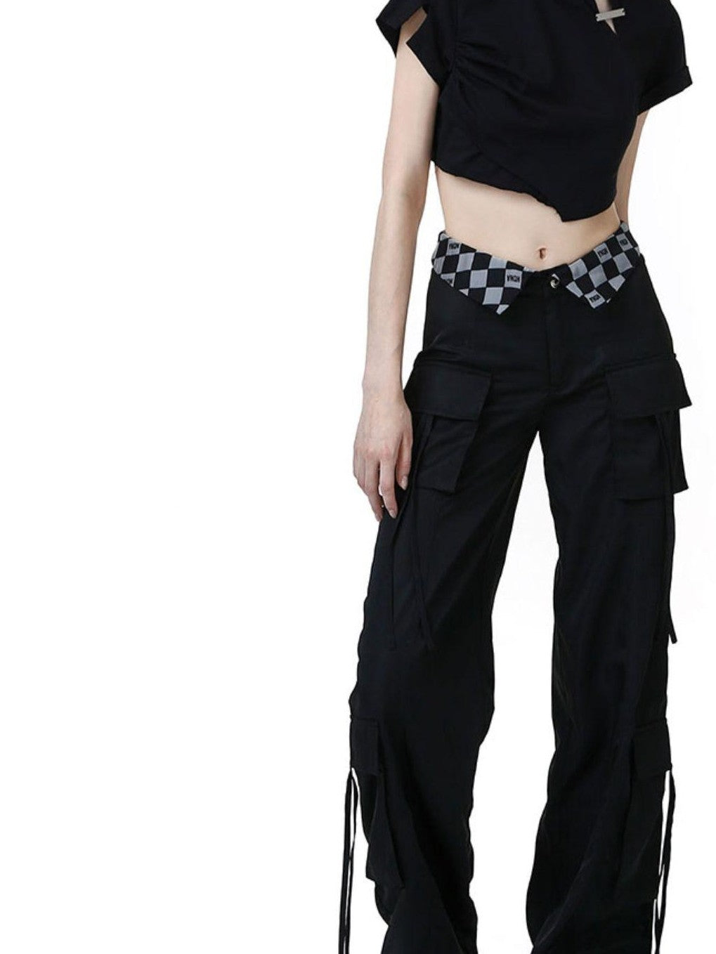 ANYQUESTION Black Grey Plaid Foldover Waistband Loose Workwear Women&