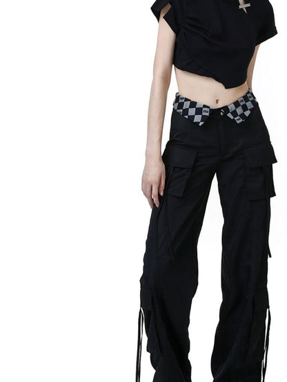 ANYQUESTION Black Grey Plaid Foldover Waistband Loose Workwear Women&