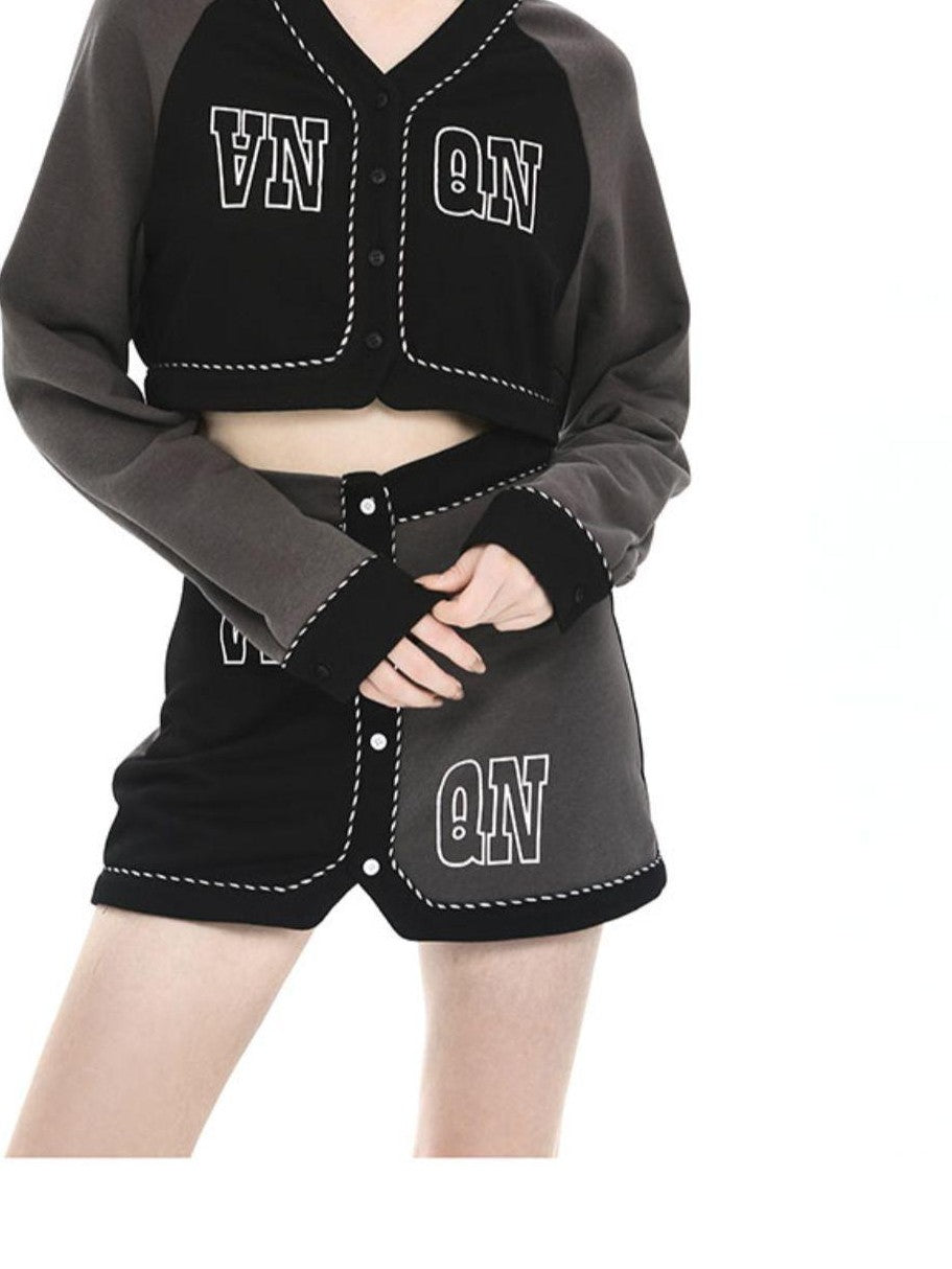 ANYQUESTION Black Grey Print V-neck Button Long Sleeve Women&
