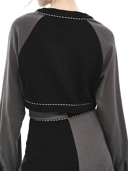 ANYQUESTION Black Grey Print V-neck Button Long Sleeve Women&