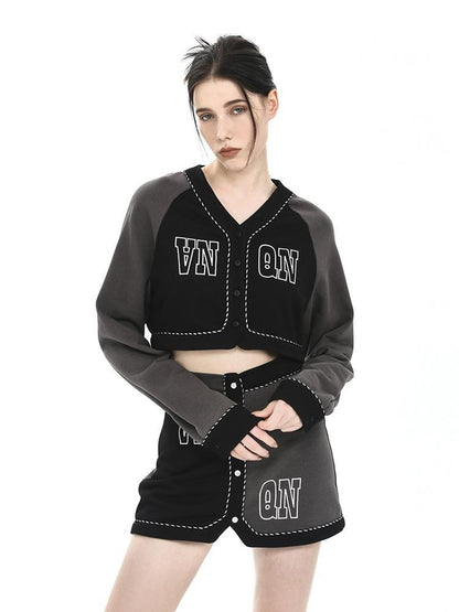 ANYQUESTION Black Grey Print V-neck Button Long Sleeve Women&