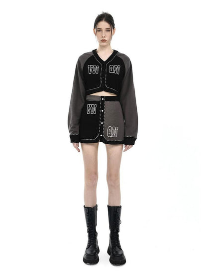 ANYQUESTION Black Grey Print V-neck Button Long Sleeve Women&