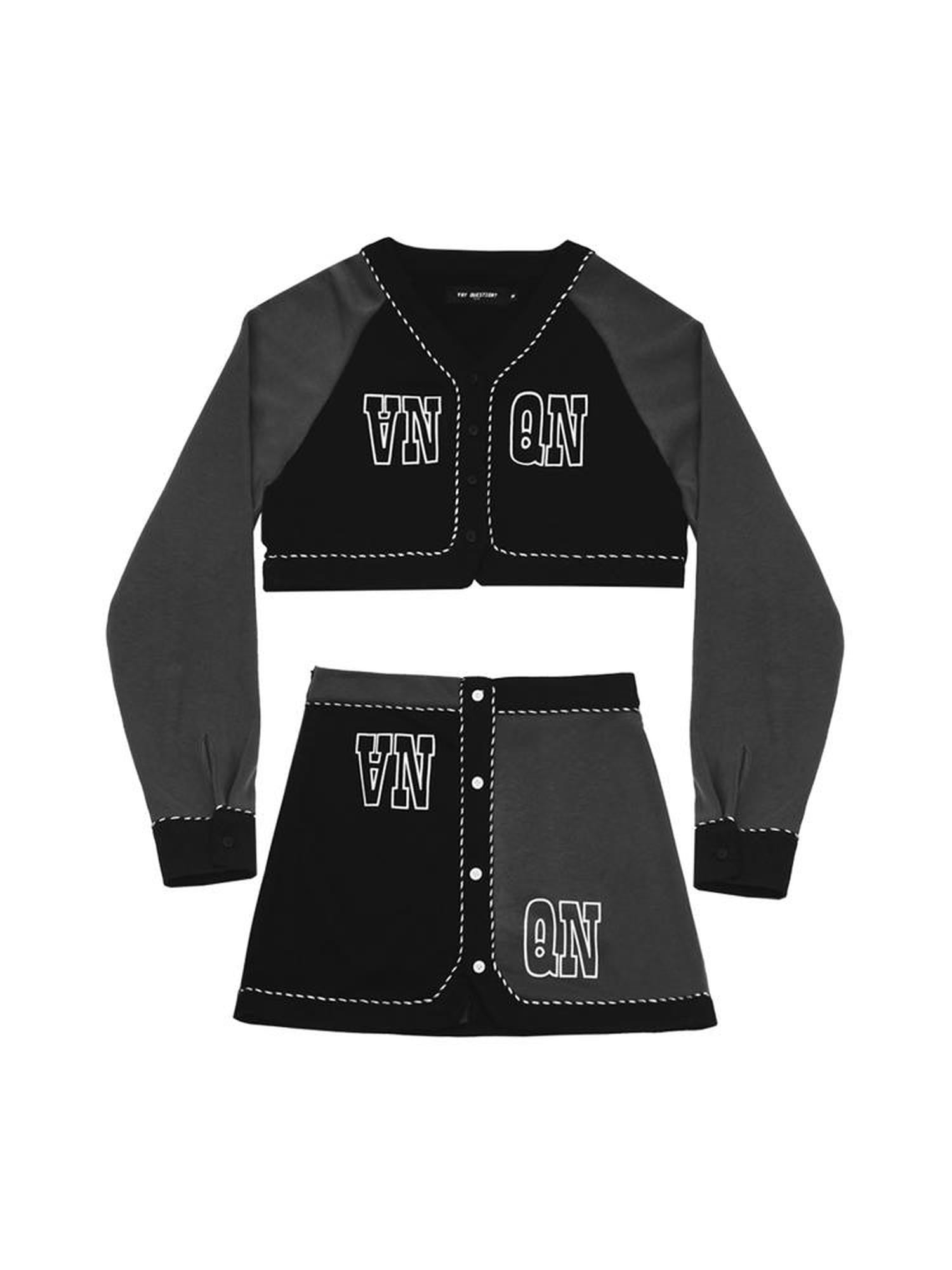 ANYQUESTION Black Grey Print V-neck Button Long Sleeve Women&