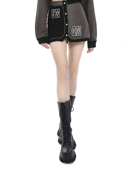 ANYQUESTION Black Grey Print V-neck Button Long Sleeve Women&