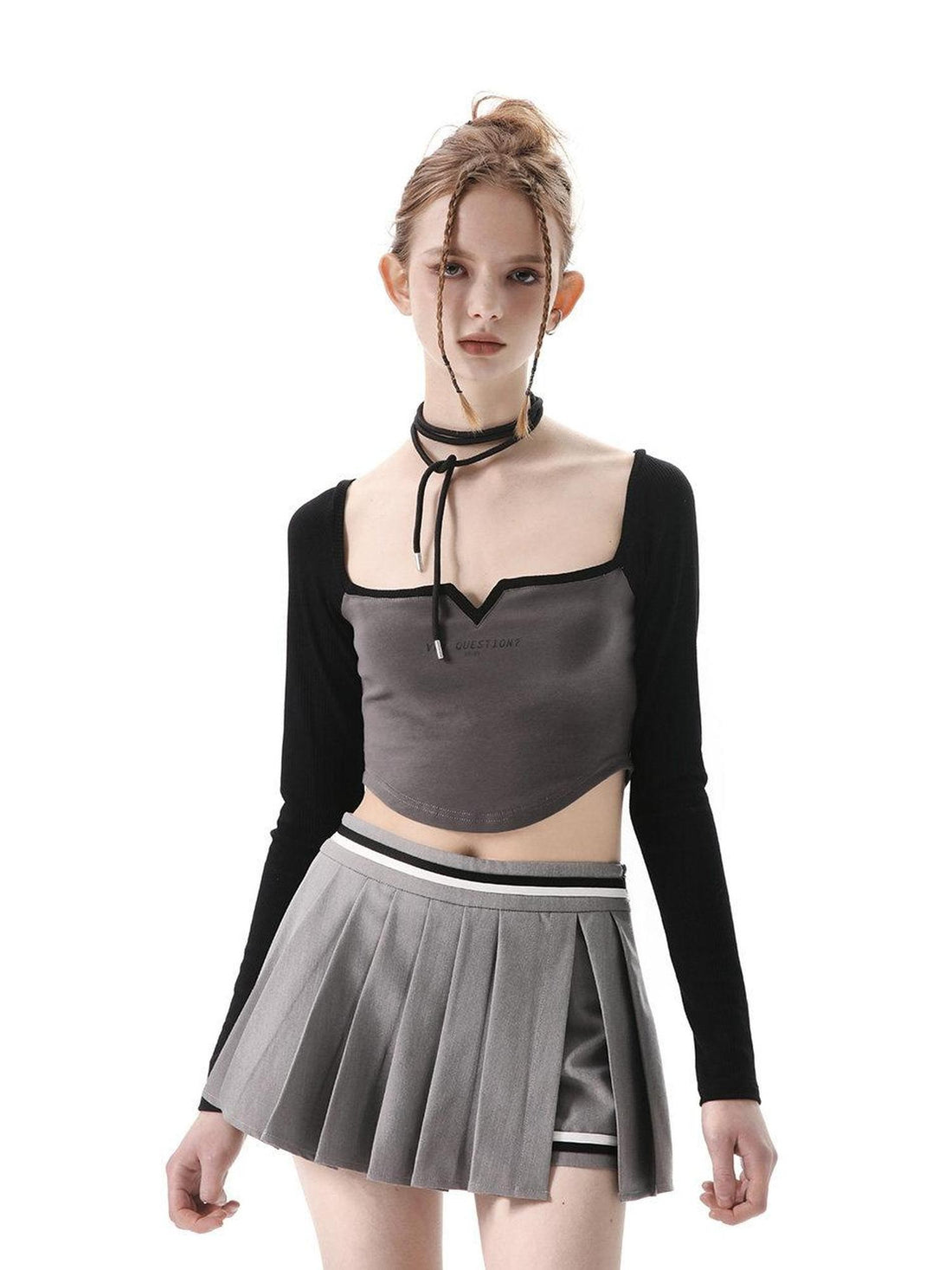 ANYQUESTION Black Grey Square Neck Cutout Women&