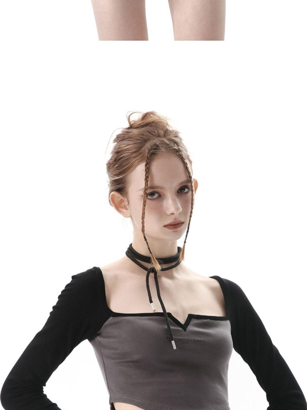 ANYQUESTION Black Grey Square Neck Cutout Women&