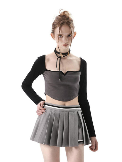 ANYQUESTION Black Grey Square Neck Cutout Women&