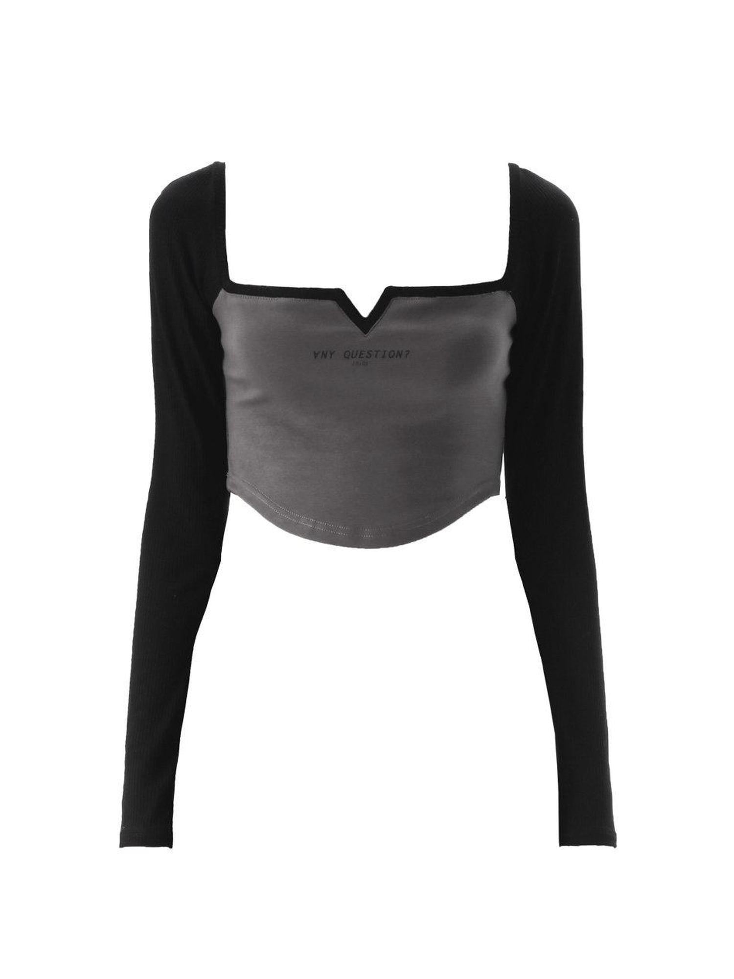 ANYQUESTION Black Grey Square Neck Cutout Women&