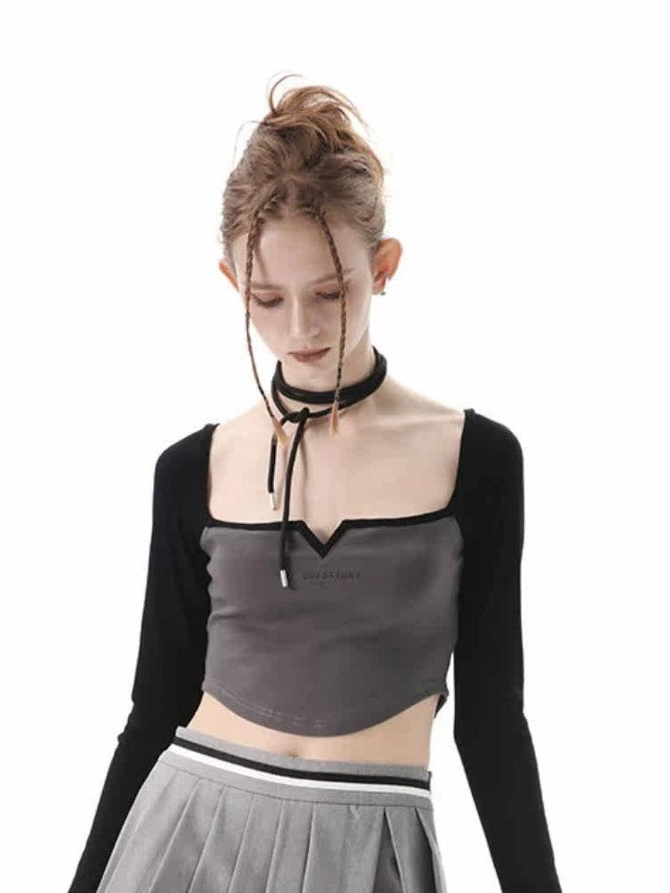 ANYQUESTION Black Grey Square Neck Cutout Women&