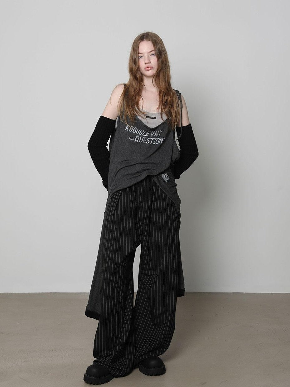 ANYQUESTION Black Grey Striped Lightweight Casual Women&