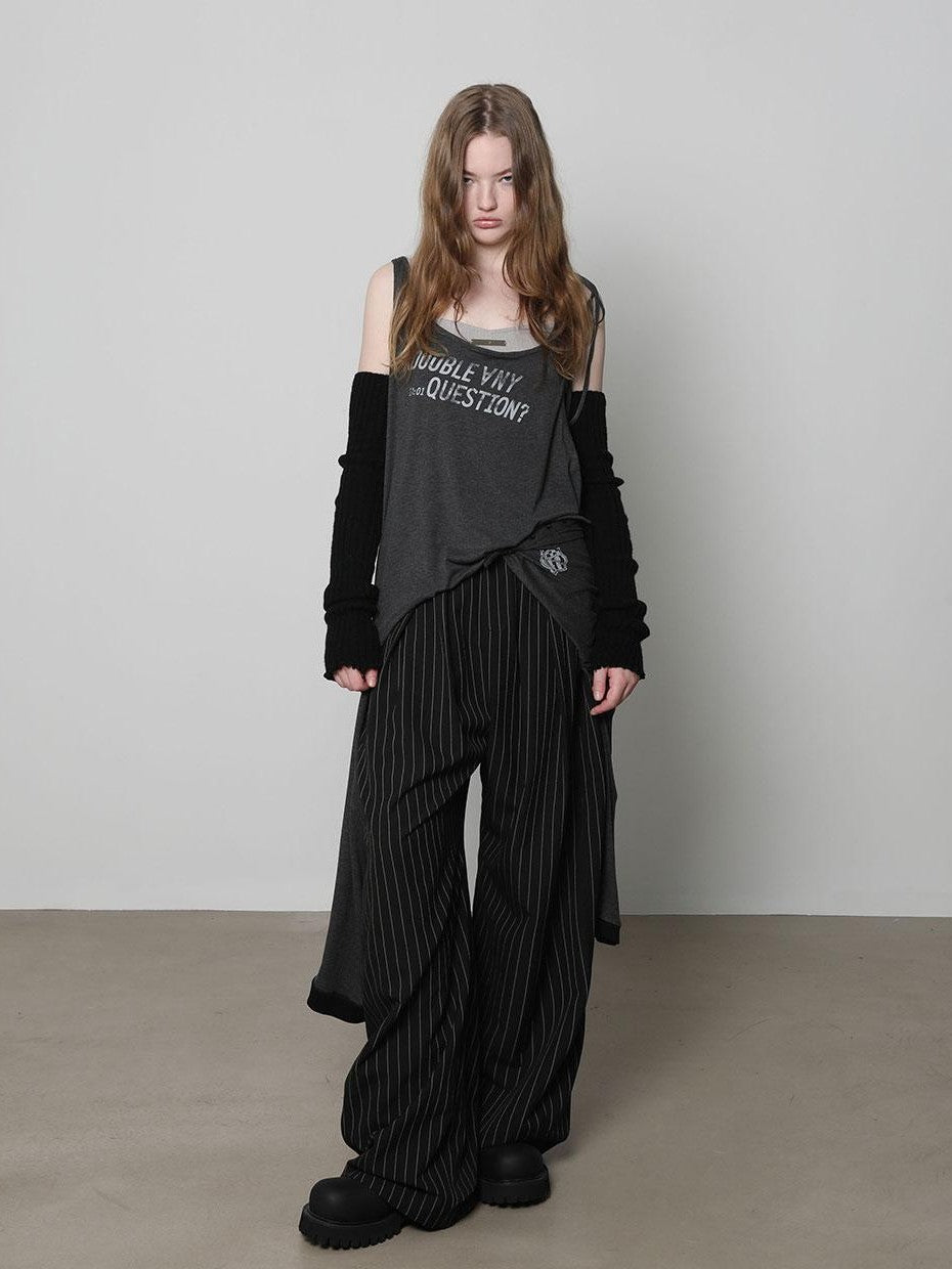 ANYQUESTION Black Grey Striped Lightweight Casual Women&