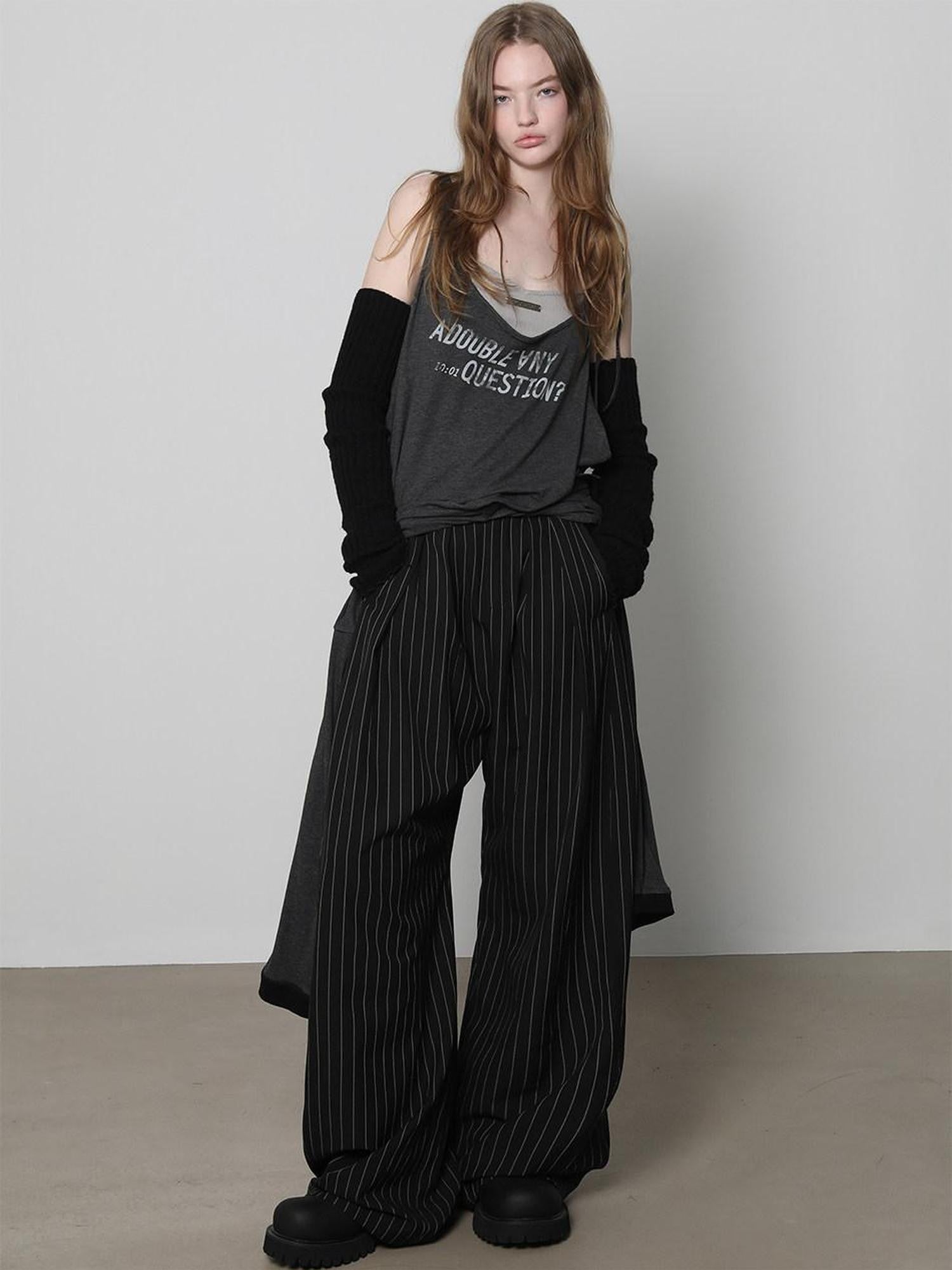 ANYQUESTION Black Grey Striped Lightweight Casual Women&
