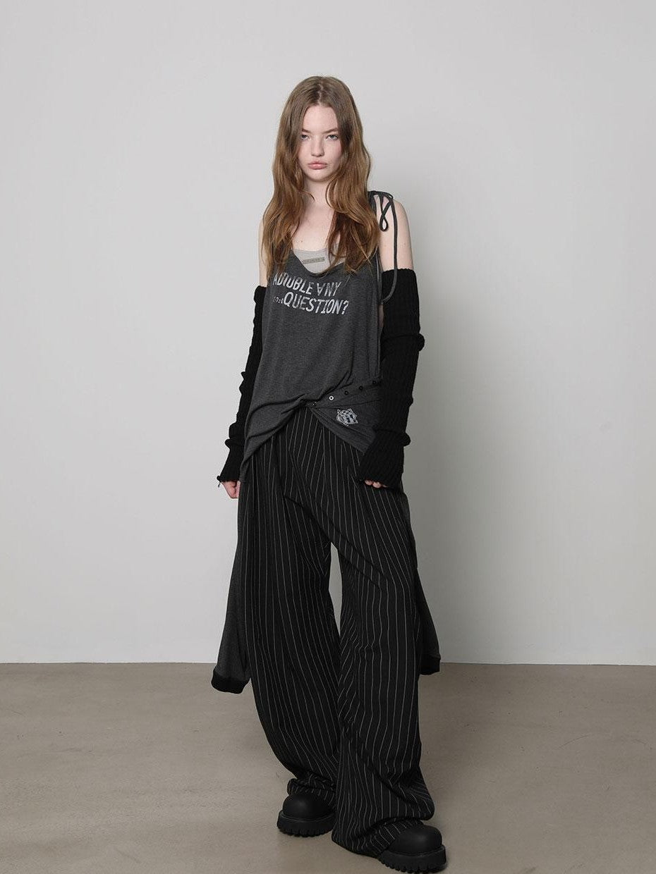 ANYQUESTION Black Grey Striped Lightweight Casual Women&