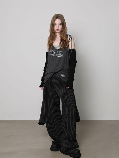 ANYQUESTION Black Grey Striped Lightweight Casual Women&