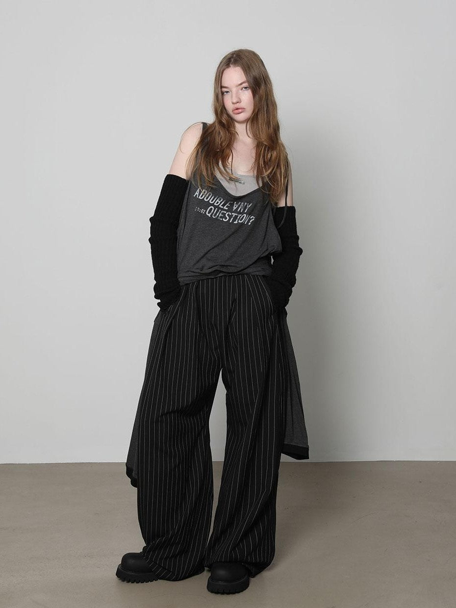 ANYQUESTION Black Grey Striped Lightweight Casual Women&