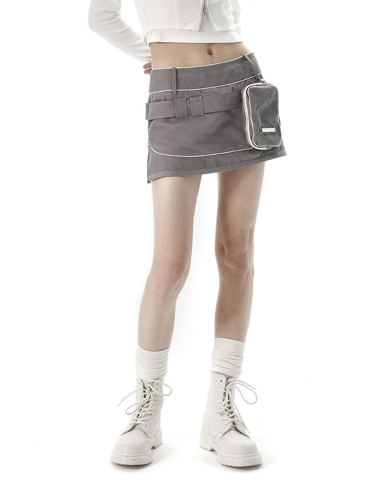 ANYQUESTION Black Grey Structured Pocket Utility Low Waist Women&