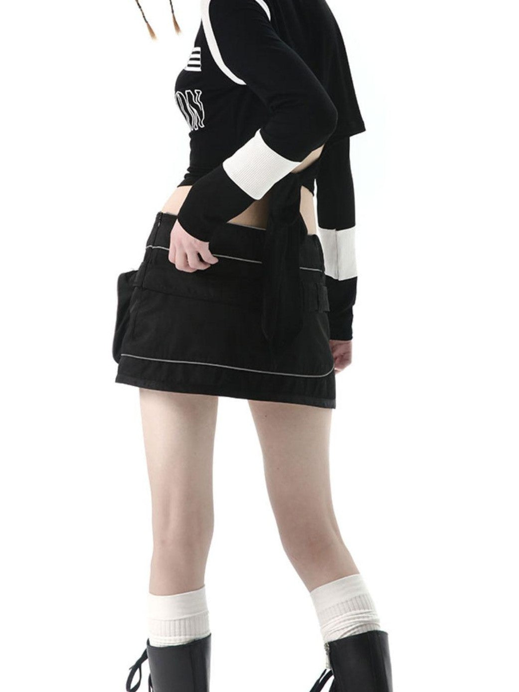 ANYQUESTION Black Grey Structured Pocket Utility Low Waist Women&