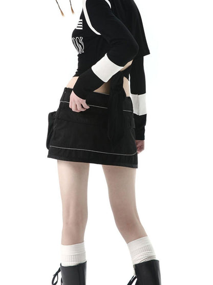 ANYQUESTION Black Grey Structured Pocket Utility Low Waist Women&