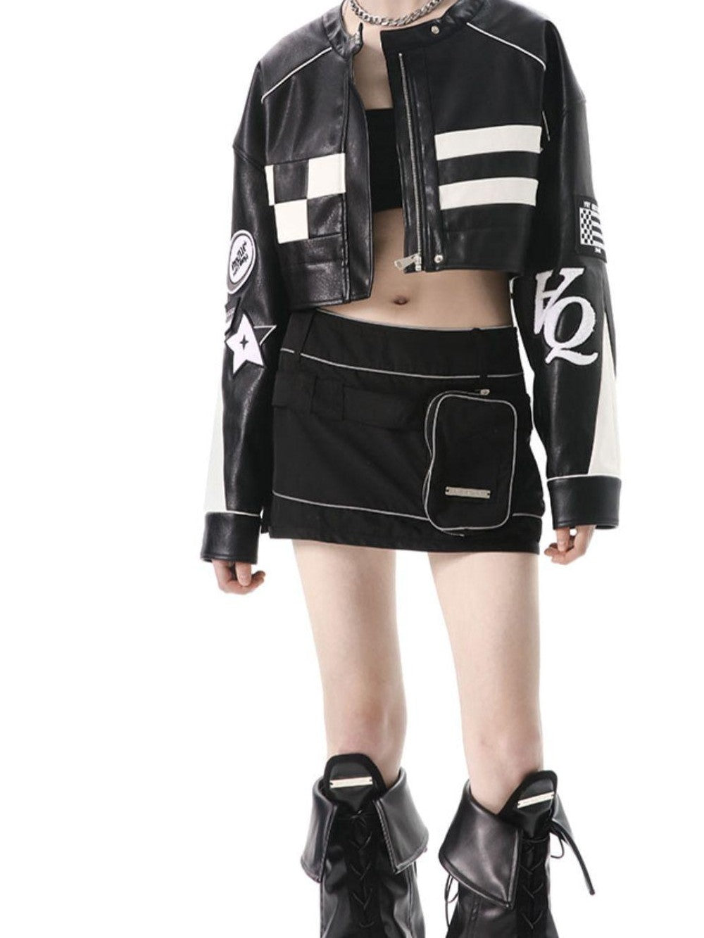 ANYQUESTION Black Grey Structured Pocket Utility Low Waist Women&