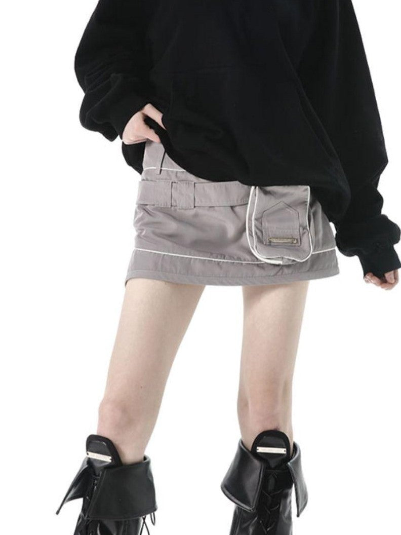 ANYQUESTION Black Grey Structured Pocket Utility Low Waist Women&