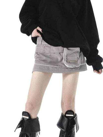ANYQUESTION Black Grey Structured Pocket Utility Low Waist Women&