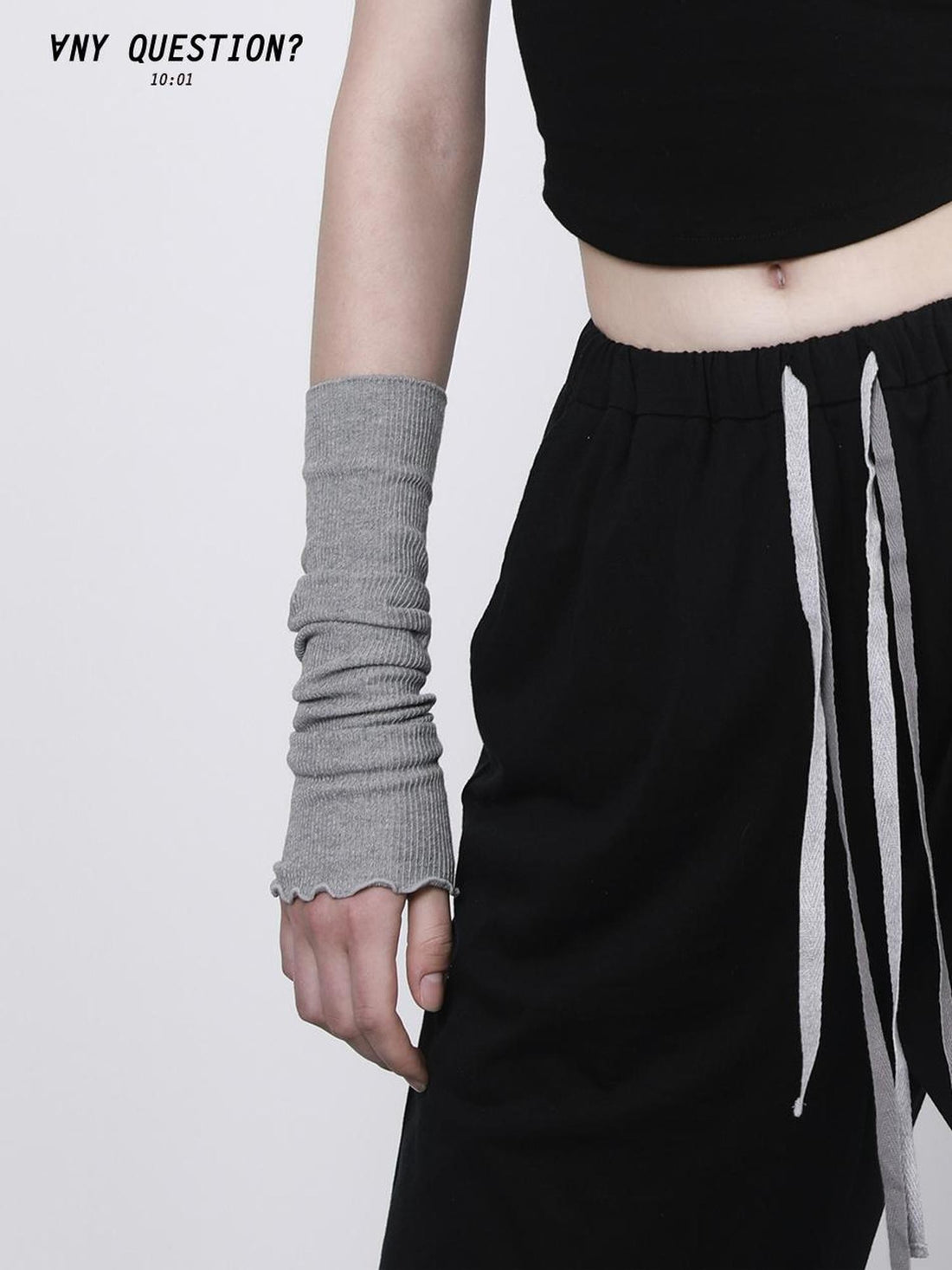 ANYQUESTION Black Grey Two Tone Lettuce Hem Scalloped Wave Edge Women&