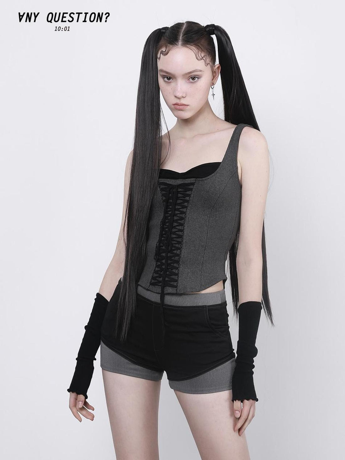 ANYQUESTION Black Grey Two Tone Lettuce Hem Scalloped Wave Edge Women&