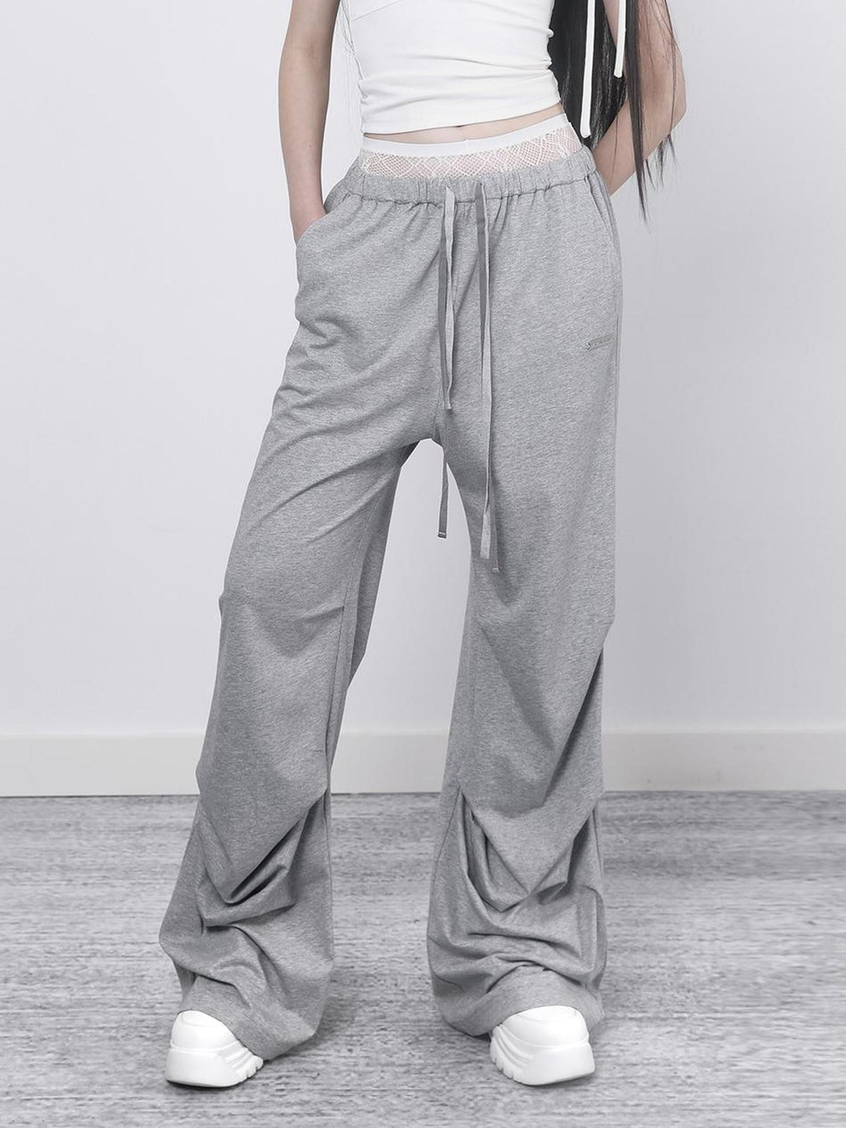 ANYQUESTION Black Grey Two Tone Pleated Wide Leg Double Waist Women&