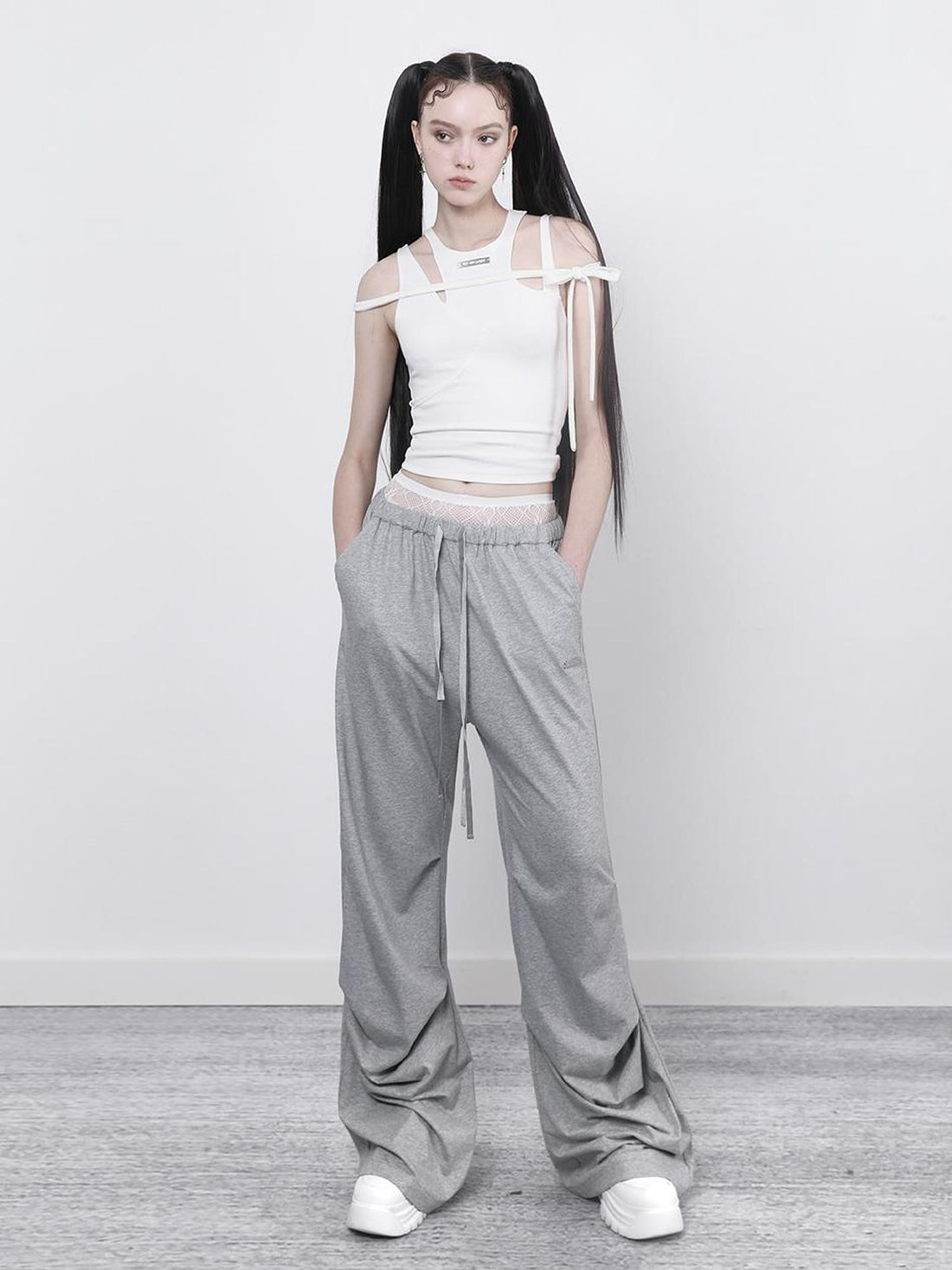 ANYQUESTION Black Grey Two Tone Pleated Wide Leg Double Waist Women&