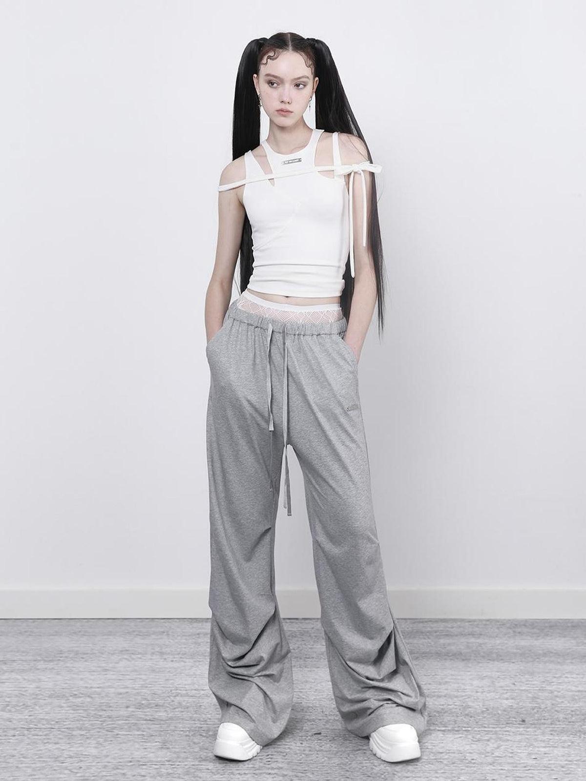 ANYQUESTION Black Grey Two Tone Pleated Wide Leg Double Waist Women&