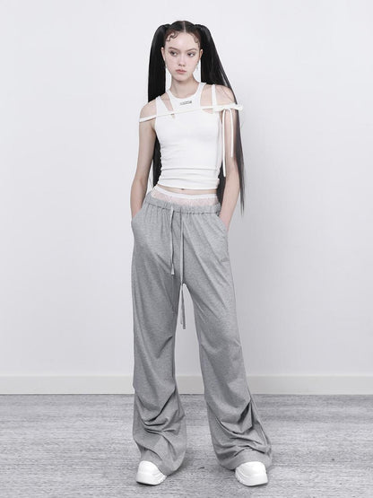 ANYQUESTION Black Grey Two Tone Pleated Wide Leg Double Waist Women&