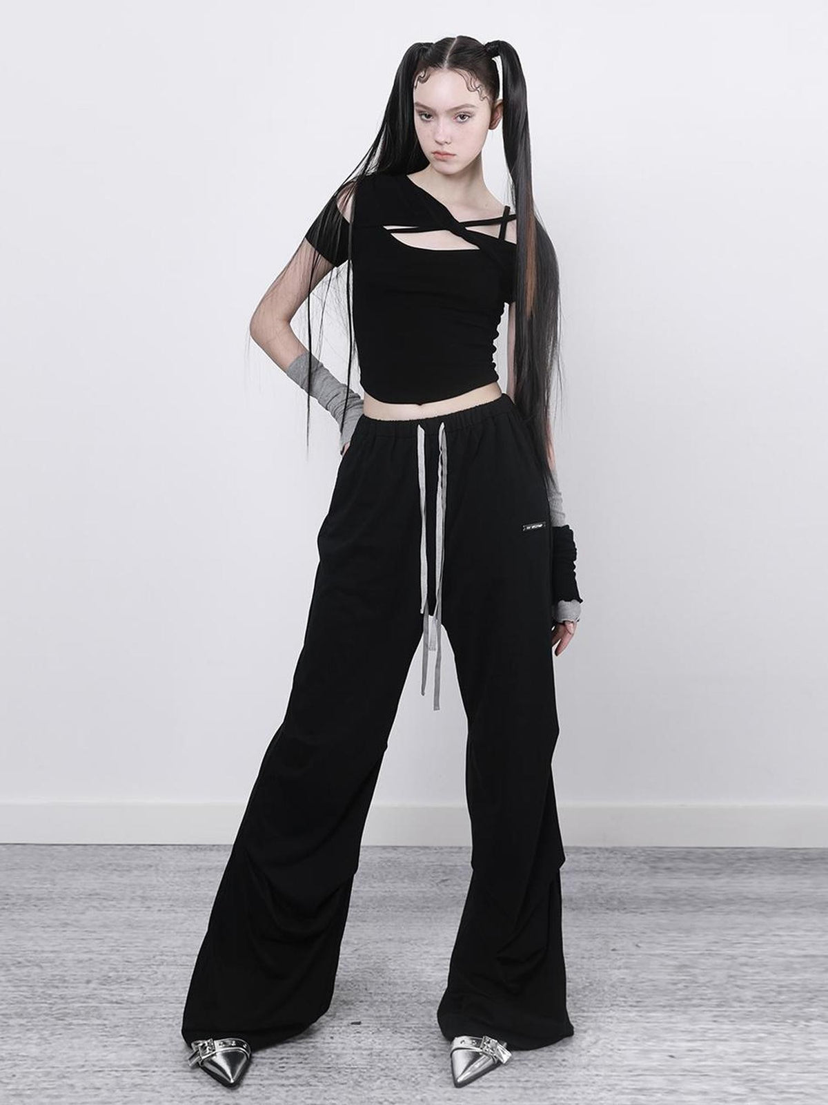 ANYQUESTION Black Grey Two Tone Pleated Wide Leg Double Waist Women&