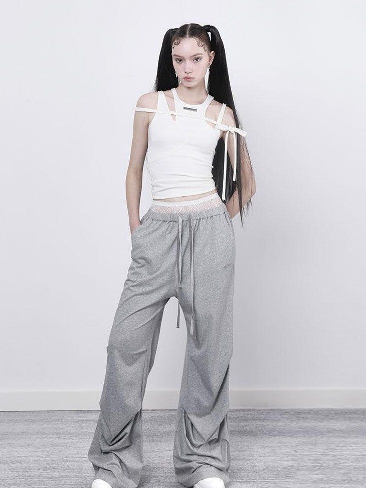 ANYQUESTION Black Grey Two Tone Pleated Wide Leg Double Waist Women&