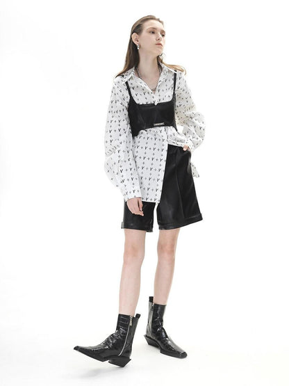 ANYQUESTION Black High Waist Straight Silver Square Buckle Hem Women&