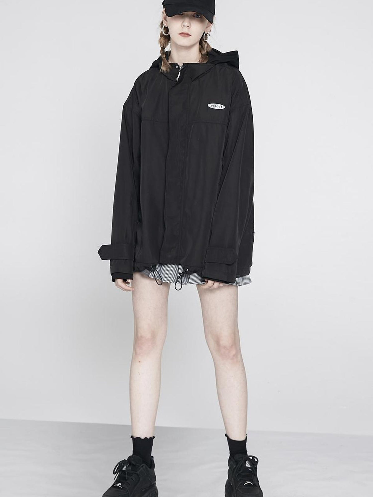 ANYQUESTION Black Hooded Loose Mid Length Zippered Street Style Women&