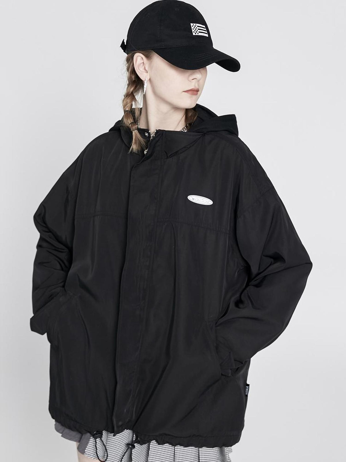 ANYQUESTION Black Hooded Loose Mid Length Zippered Street Style Women&