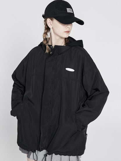 ANYQUESTION Black Hooded Loose Mid Length Zippered Street Style Women&