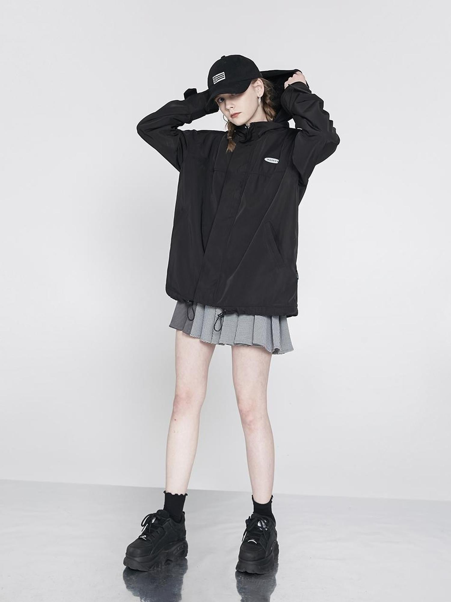 ANYQUESTION Black Hooded Loose Mid Length Zippered Street Style Women&