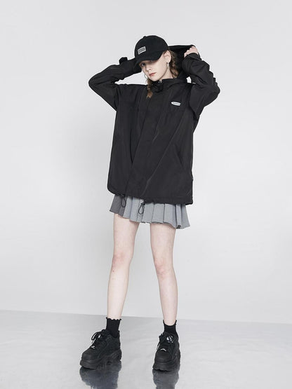 ANYQUESTION Black Hooded Loose Mid Length Zippered Street Style Women&
