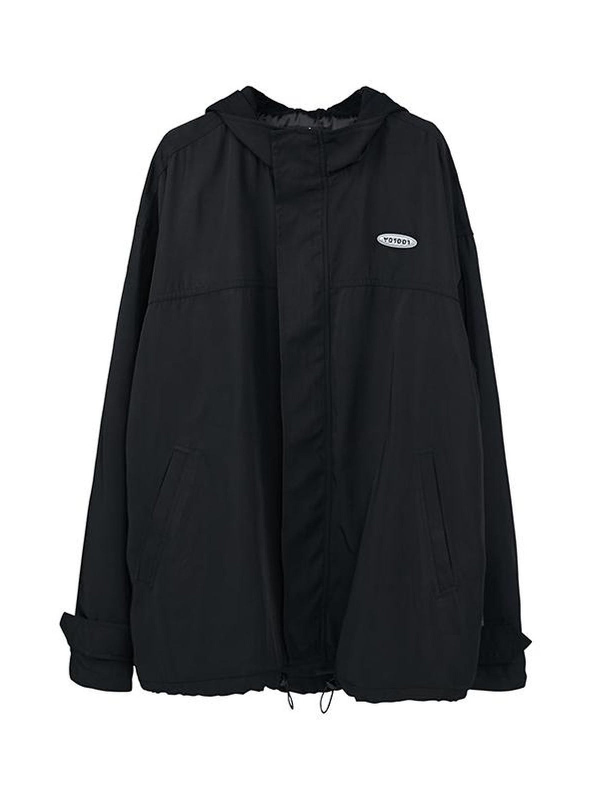 ANYQUESTION Black Hooded Loose Mid Length Zippered Street Style Women&