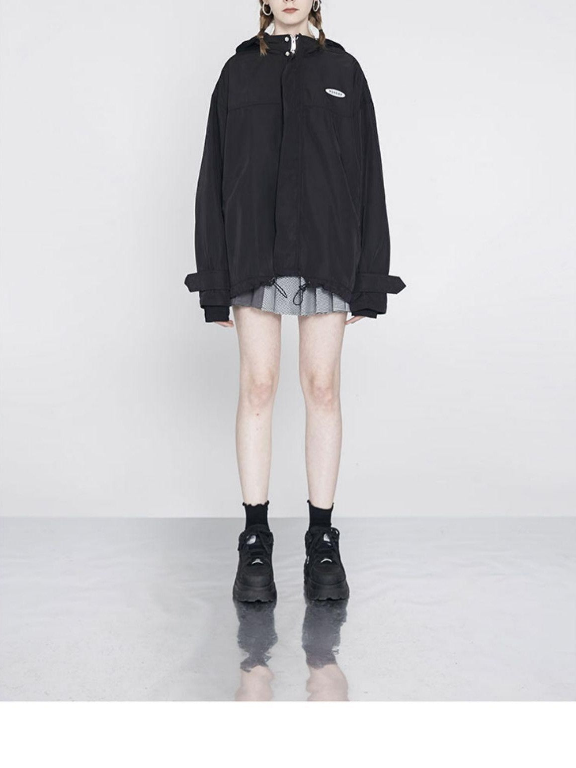 ANYQUESTION Black Hooded Loose Mid Length Zippered Street Style Women&